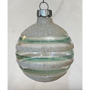 Shiny Brite Unsilvered Clear Glass Ornament Green Stripe White Mica Snow USA VTG